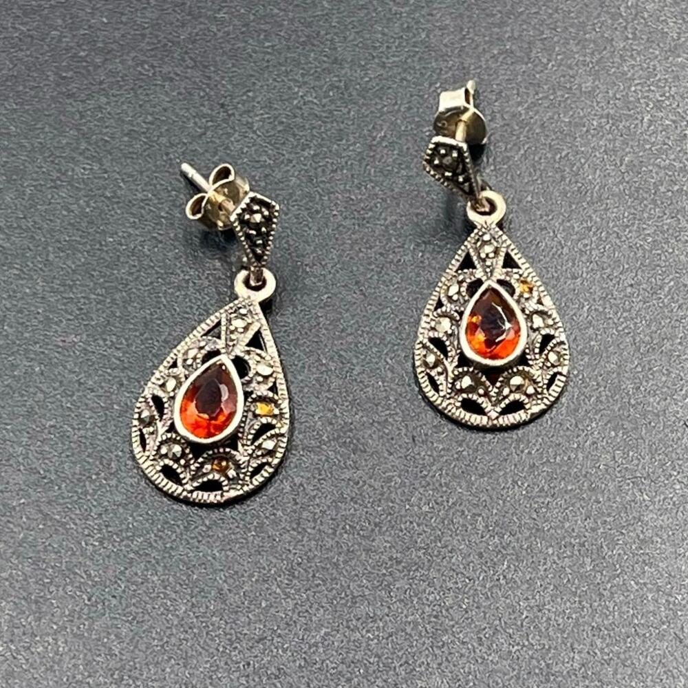 Vintage Sterling Silver Marcasite Red Stone‎ Dangle Earrings India 6.4 grams